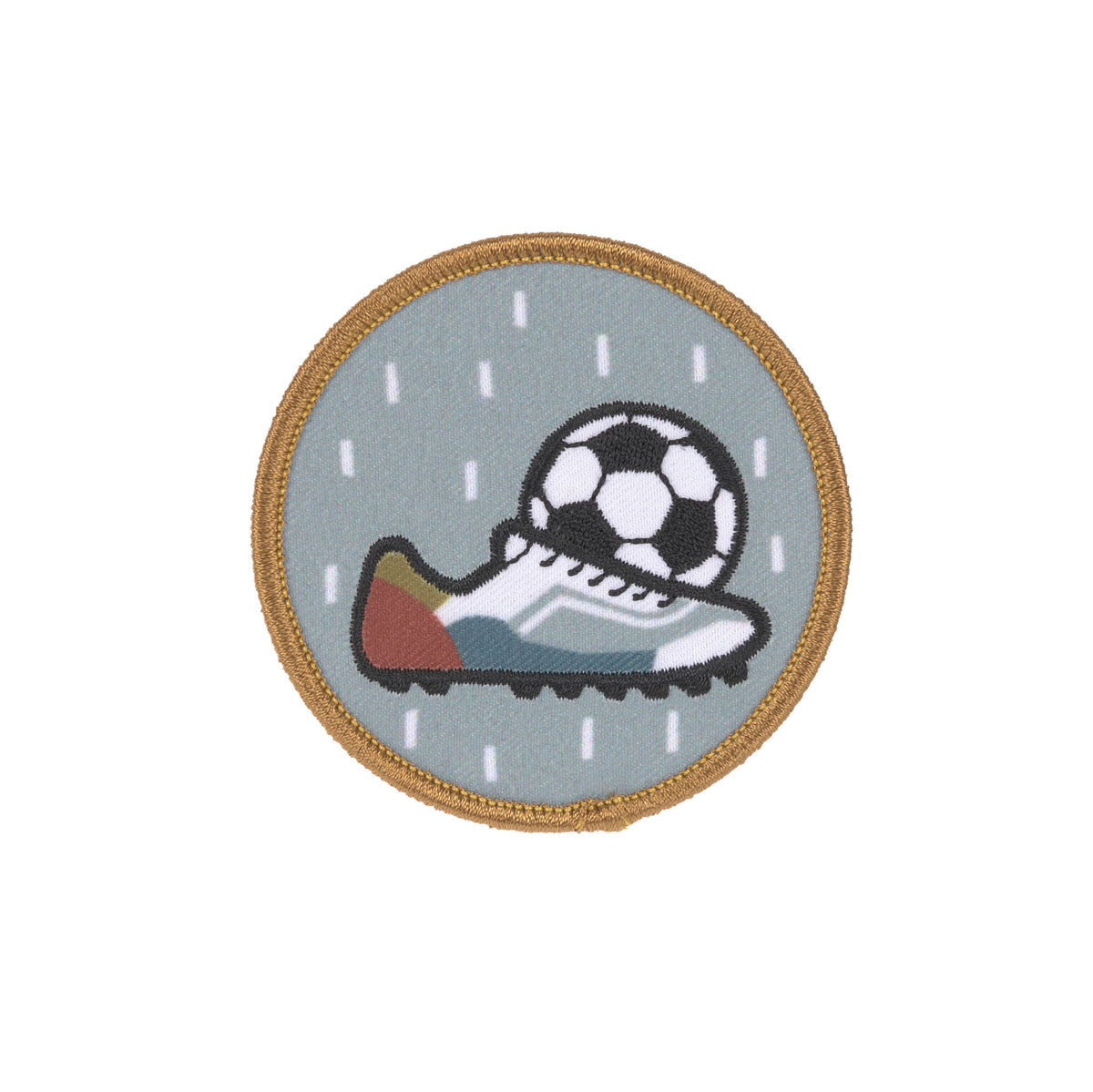 Runde Patch mit Fussball und Fussballschuh auf grauem Hintergrund aus dem Laessig Fussball Set.