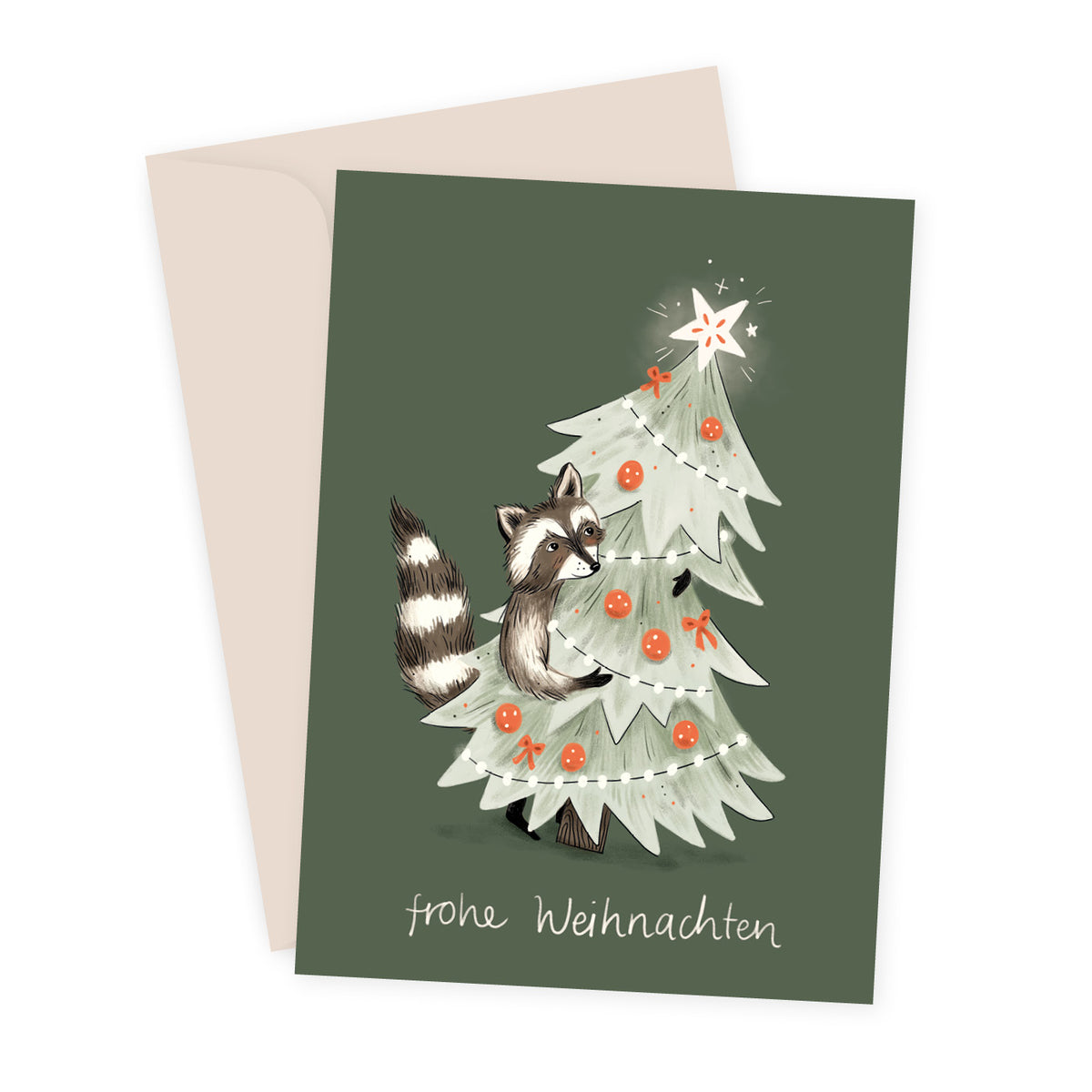 Faltkarte Waschbär mit Tannenbaum, Illustration von Sarah von Rickenbach, inkl. Recycling-Couvert