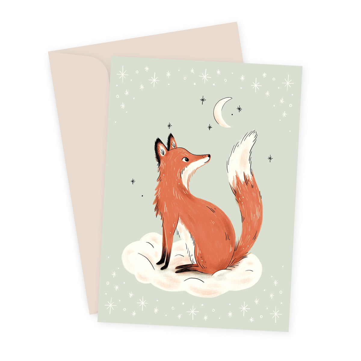Faltkarte mit Fuchs auf Wolke, Illustration von Sarah von Rickenbach, inkl. Recycling-Couvert