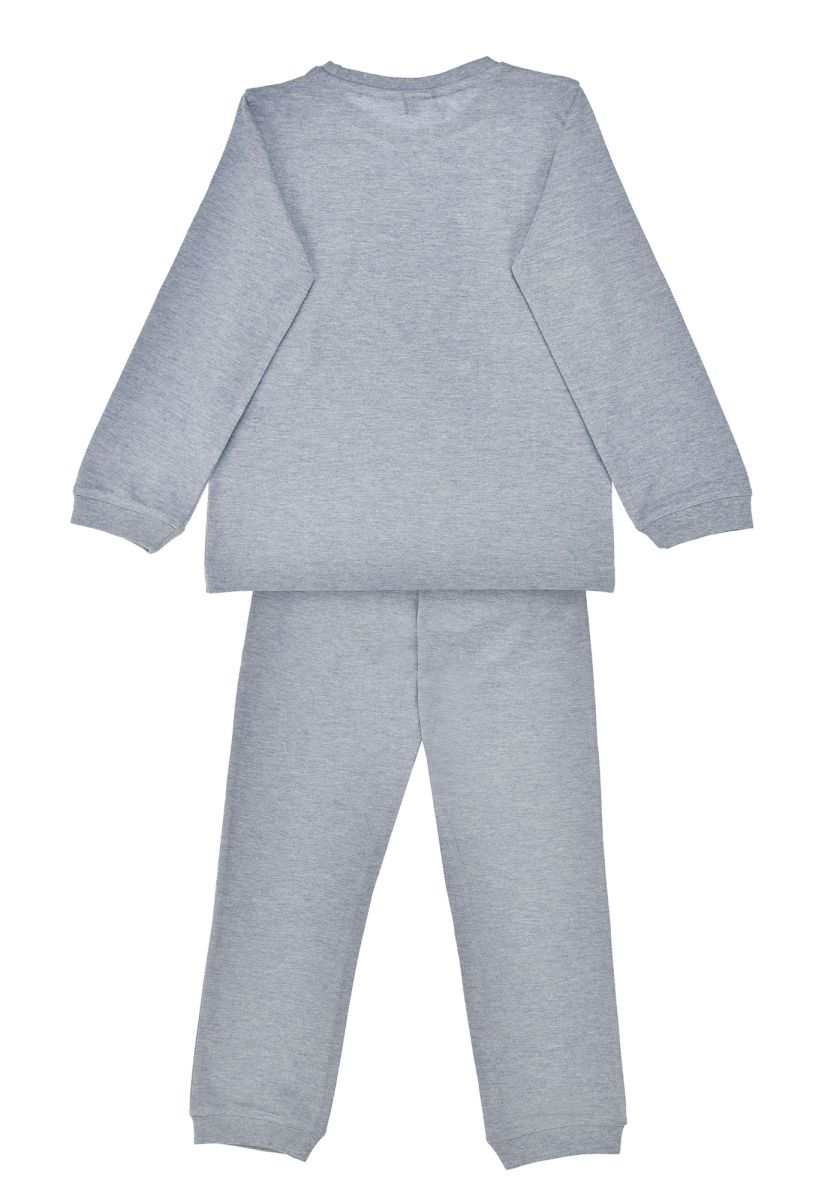 Rückansicht des grauen Bondi Kinderschlafanzugs mit Langarmshirt und langer Hose
