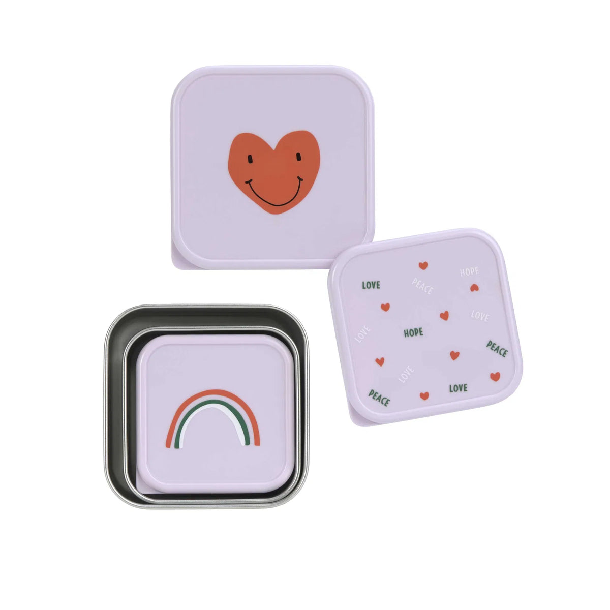 Detailansicht der LÄSSIG Snackbox Happy Heart lavender mit Herzmotiv im Bärechind Winterthur