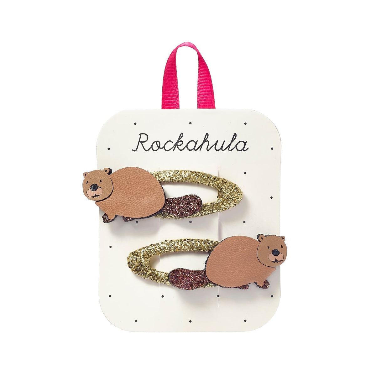 Rockahula Haarspangen mit Biber-Motiv in Braun und Gold – erhältlich bei Bärechind in Winterthur, Zürich, Schweiz.