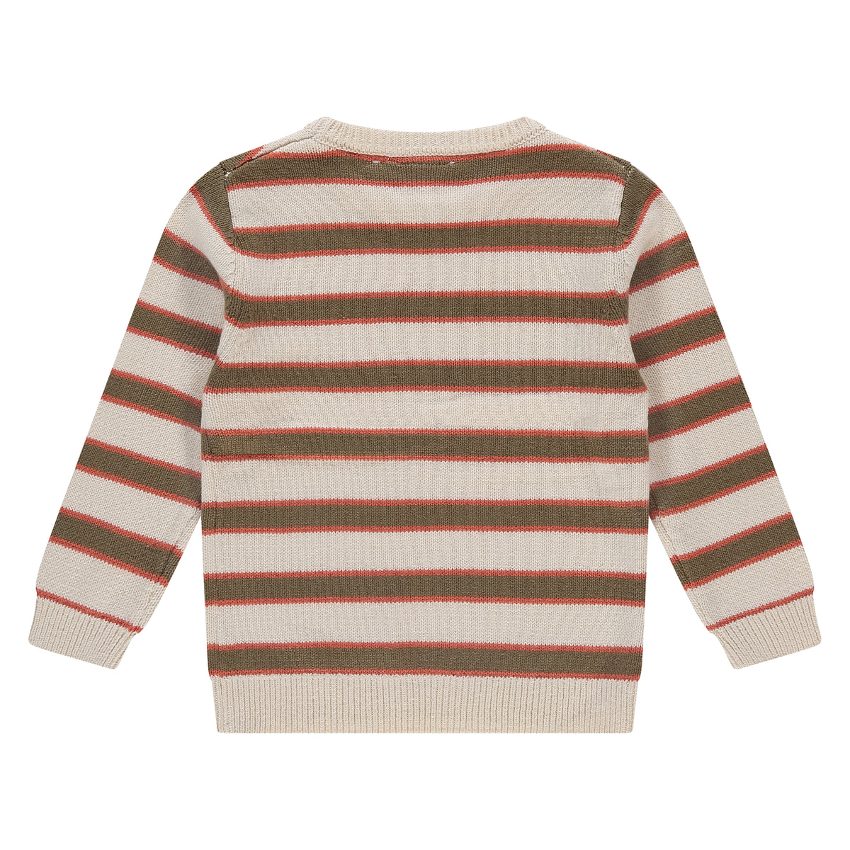 Rückansicht des gestreiften Jungenpullovers "Off White" von Stains & Stories mit Rundhalsausschnitt und Rippbündchen.
