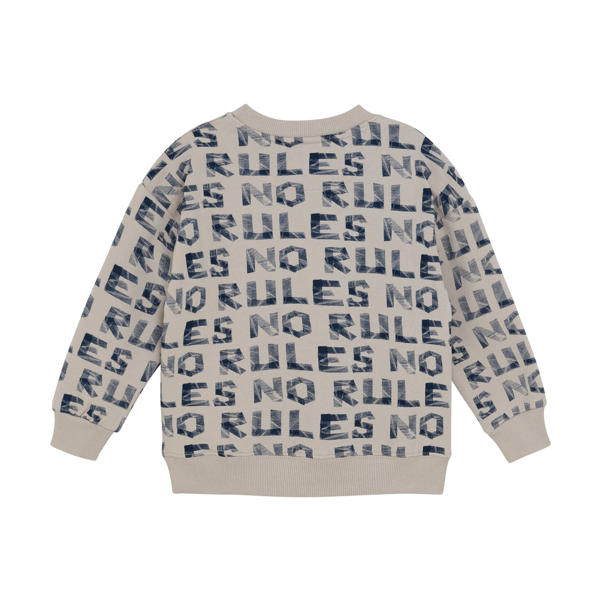 Rückansicht des MINYMO Sweatshirts mit NO RULES Print – Bärechind Winterthur, Zürich, Schweiz.