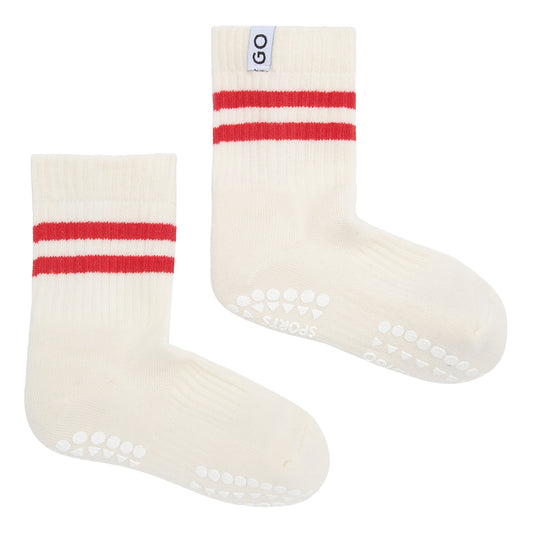 GoBabyGo Anti-Rutsch Socken mit roten Streifen für Kinder – erhältlich bei Bärechind in Winterthur, Zürich, Schweiz