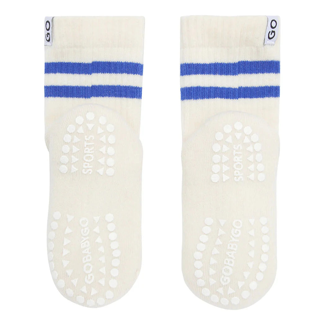 GoBabyGo Anti-Rutsch Socken creme mit blauen Streifen – erhältlich bei Bärechind Winterthur, Zürich, Schweiz.