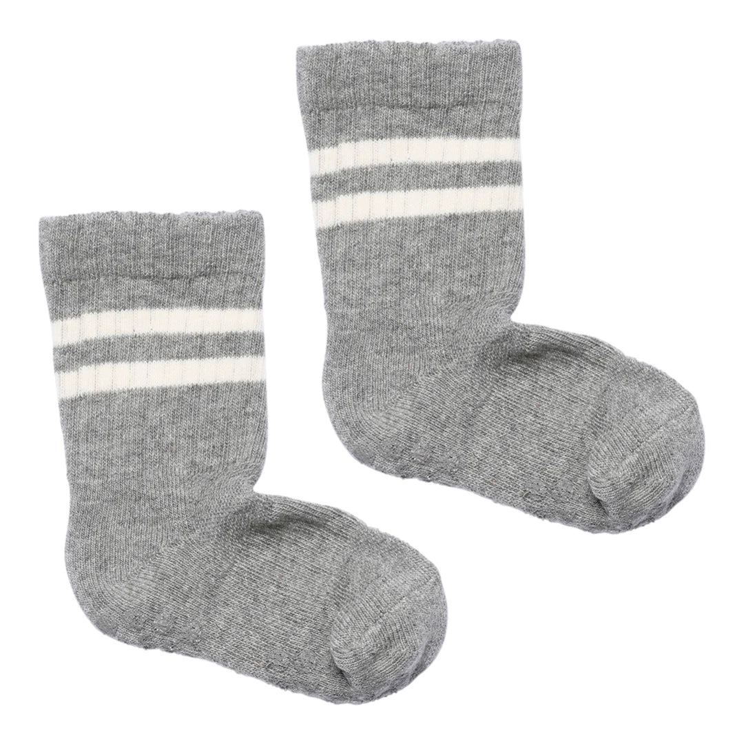 GoBabyGo Anti-Rutsch Socken grau mit weißen Streifen – erhältlich bei Bärechind Winterthur, Zürich, Schweiz.