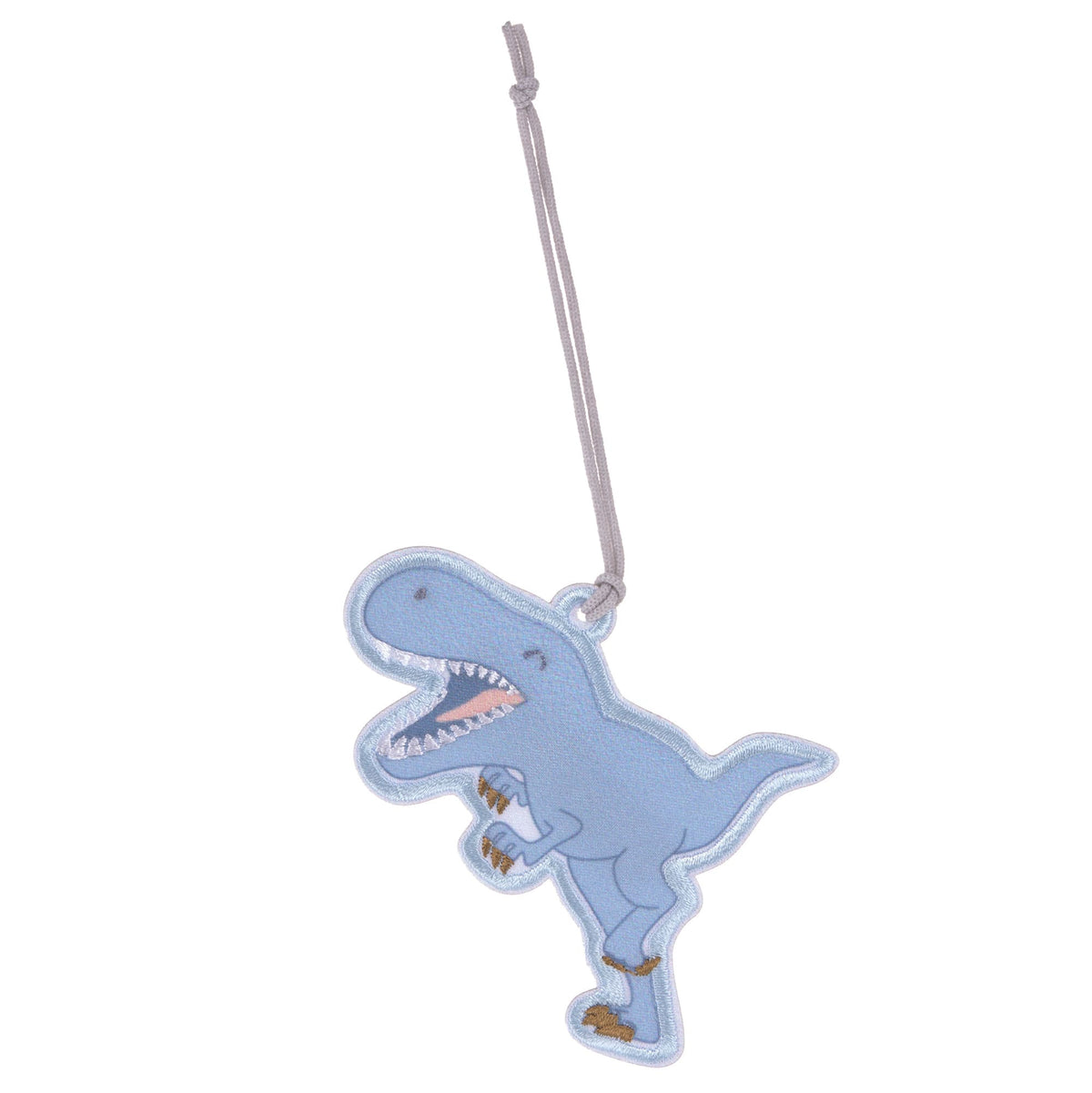 Blauer Dinosaurier-Anhaenger mit breitem Laecheln und beweglichen Beinen aus dem Laessig Dinosaurier Set.