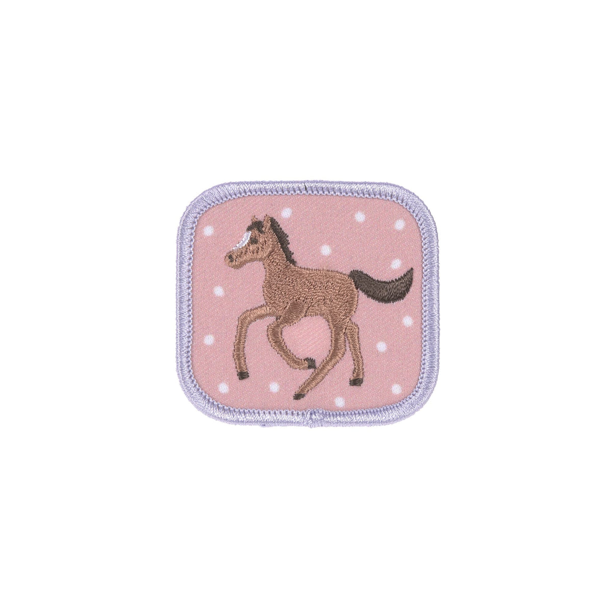 Quadratische Patch mit galoppierendem braunem Pferd auf rosa Hintergrund mit Punkten.