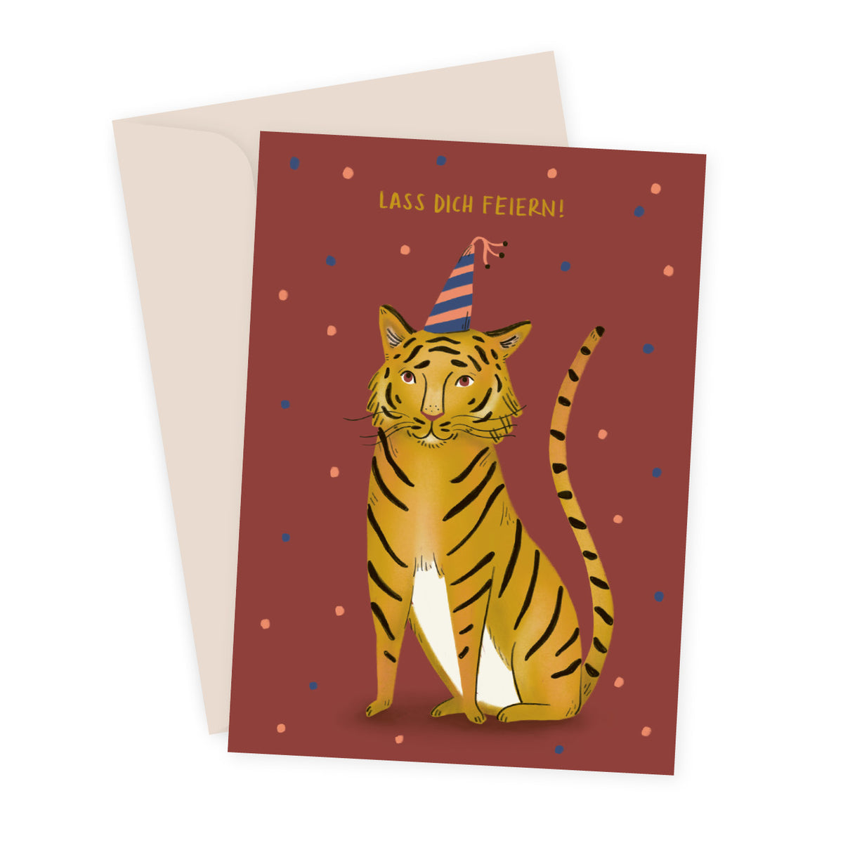 Party Tiger Karte mit Tiger in Partyhut, Illustration von Sarah von Rickenbach, inkl. Recycling-Couvert