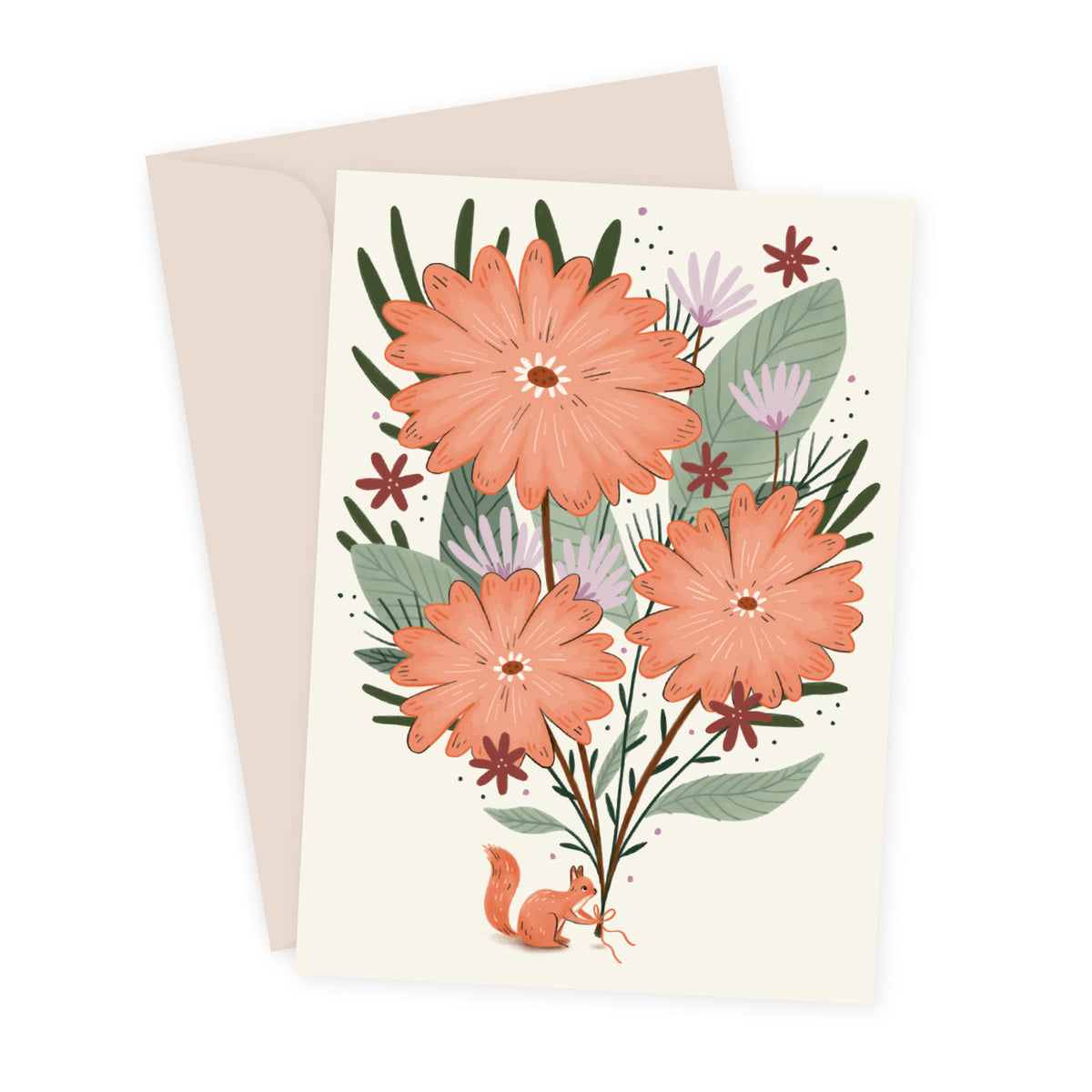 Faltkarte Eichhörnchen Blumenstrauss, Illustration von Sarah von Rickenbach, inkl. Recycling-Couvert