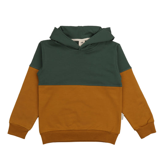 Kinder Hoodie aus Bio-Baumwolle in Grün und Senfgelb – erhältlich bei Bärechind in Winterthur, Zürich, Schweiz.