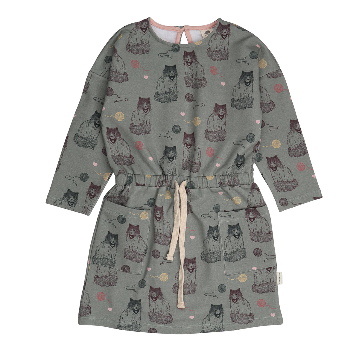 Langarm Kleid aus Bio-Baumwolle mit grauem Katzenprint – erhältlich bei Bärechind in Winterthur, Zürich, Schweiz.

