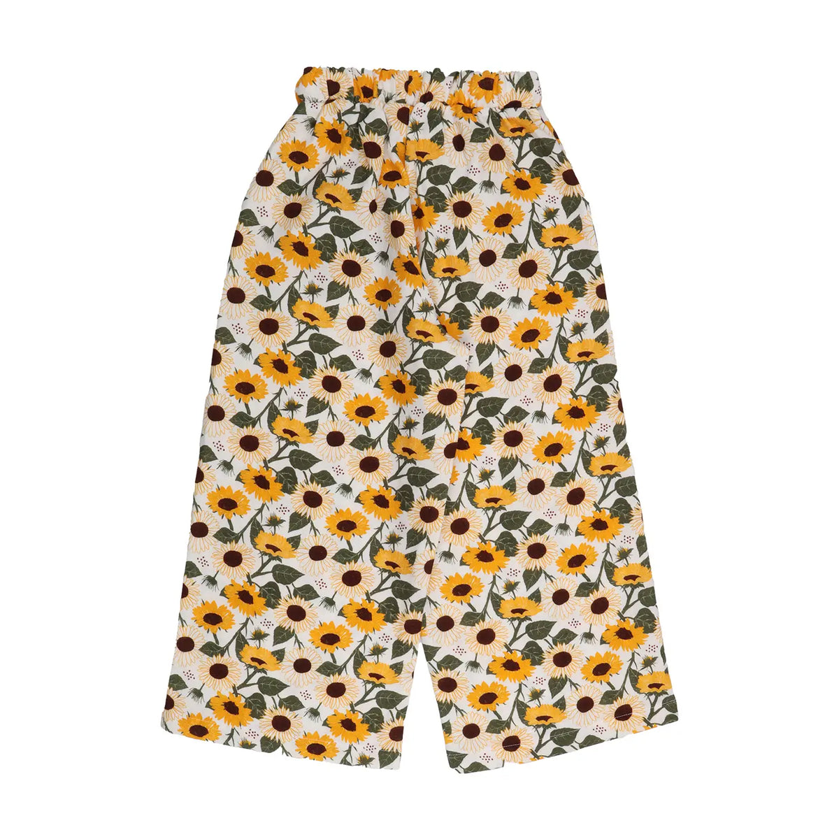 Seitenansicht einer Muslin-Kinderhose mit elastischem Bund und Sonnenblumen-Design, nachhaltig produziert.