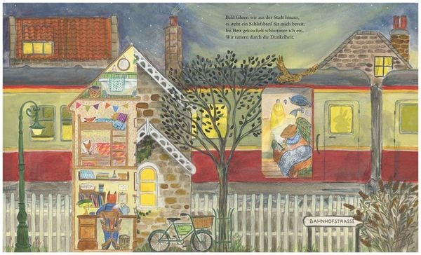 Illustration aus Mit Maus in den Bergen von Alice Melvin mit Nachtzug, Haus und Bahnhofstrasse
