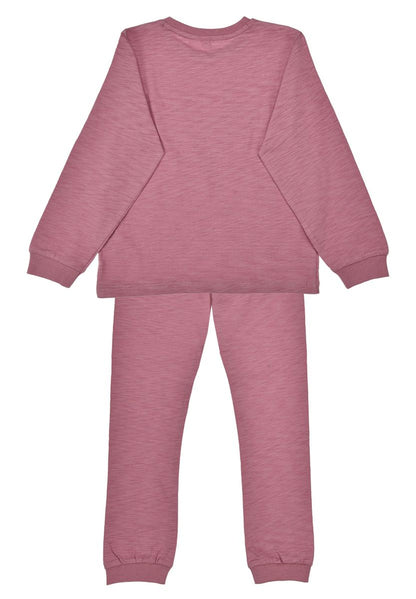 Rückansicht des rosa Kinderschlafanzugs mit Shirt und Hose