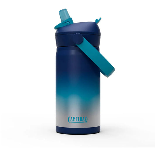 CamelBak Thrive Flip Straw Kids Edelstahl Trinkflasche 350 ml in Blue Haze mit blau-türkisem Farbverlauf, Trinkhalm und Tragegriff