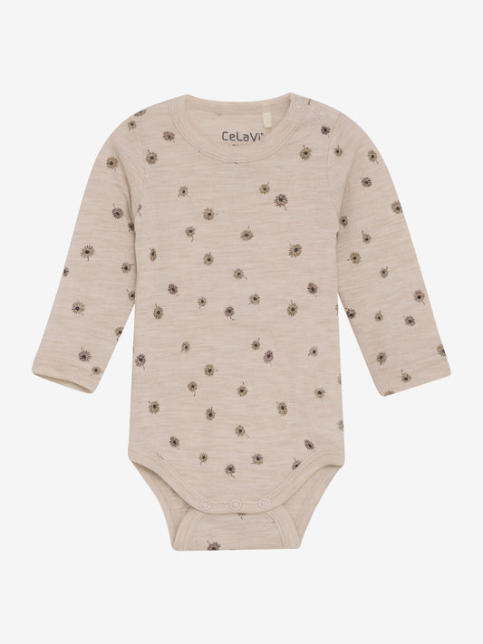 CeLaVi Langarmbody aus Wolle in Rosa mit Blumenmuster, erhältlich im Bärechind Kinderladen in Winterthur, Zürich Schweiz.