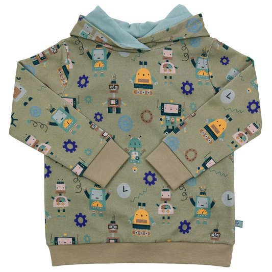 Kinder Kapuzenpulli aus Baumwollfleece mit Robotermuster von Enfant Terrible, erhältlich bei Bärechind in Winterthur, Zürich Schweiz.
