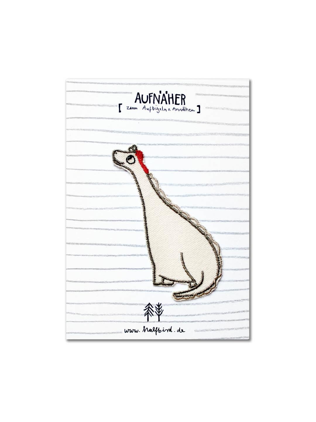 Verpackter Aufnäher „Dino Langhals“ – kreativ & zum Aufbügeln, liebevoll verpackt von Halfbird