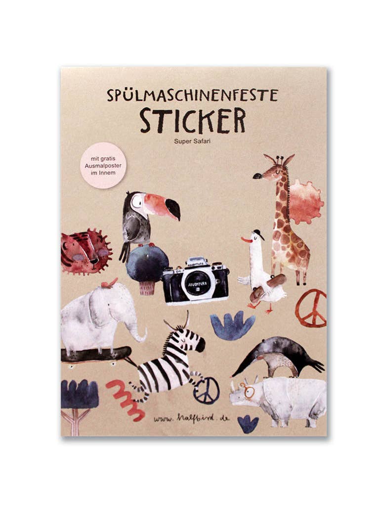 Nachhaltige spülmaschienenfeste Sticker „super Safari“ von Halfbird – farbenfroh & erhältlich bei Bärechind in Winterthur