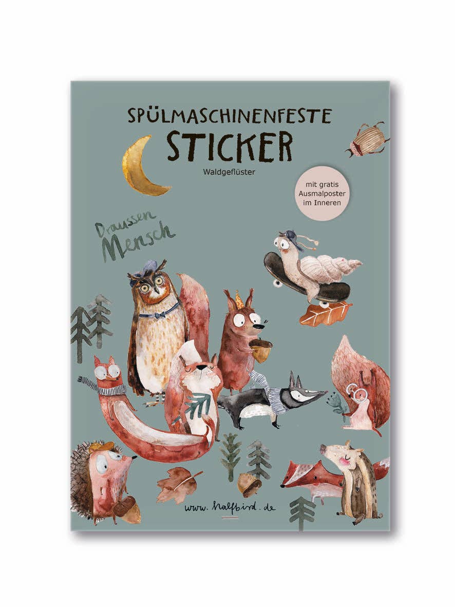 Verpackte Halfbird Sticker Waldgeflüster – spülmaschinenfest für Flaschen & Brotdosen bei Bärechind in Winterthur, Zürich, Schweiz.