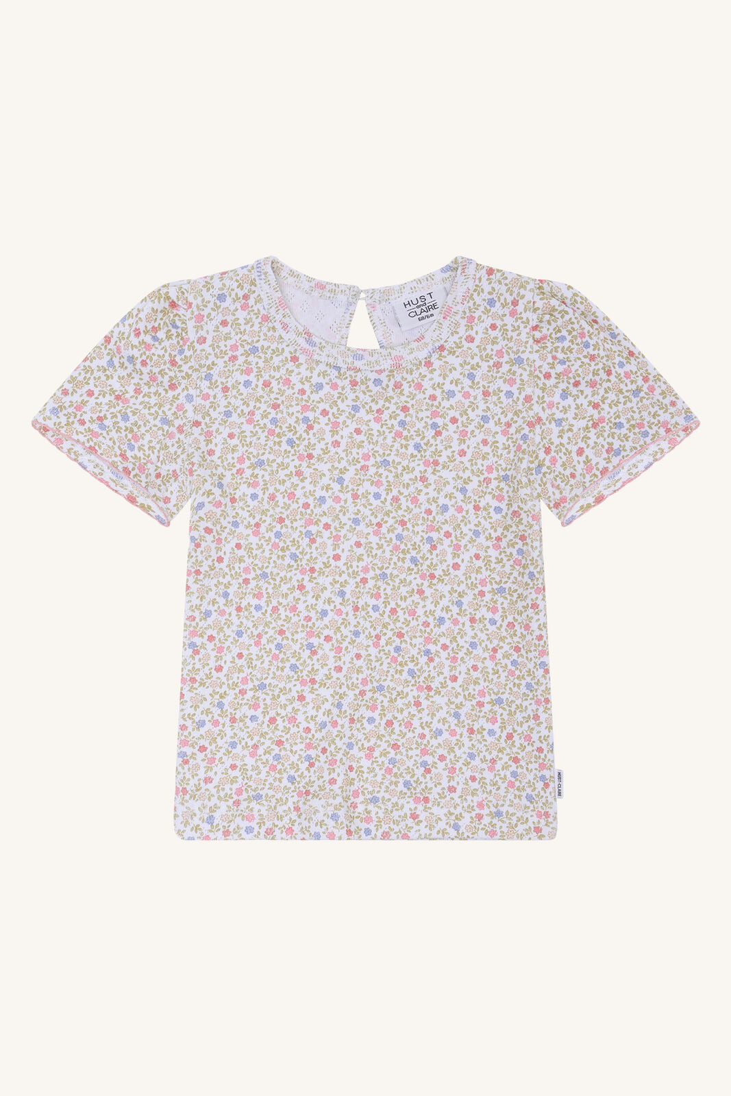 Hust&Claire Alma Blooming GOTS Baumwoll T-Shirt in Weiss mit Blumenmuster, Vorderansicht, im Bärechind Winterthur, Zürich, Schweiz.