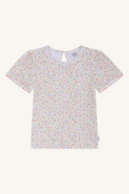 Hust&Claire Alma Blooming GOTS Baumwoll T-Shirt in Weiss mit Blumenmuster, Vorderansicht, im Bärechind Winterthur, Zürich, Schweiz.