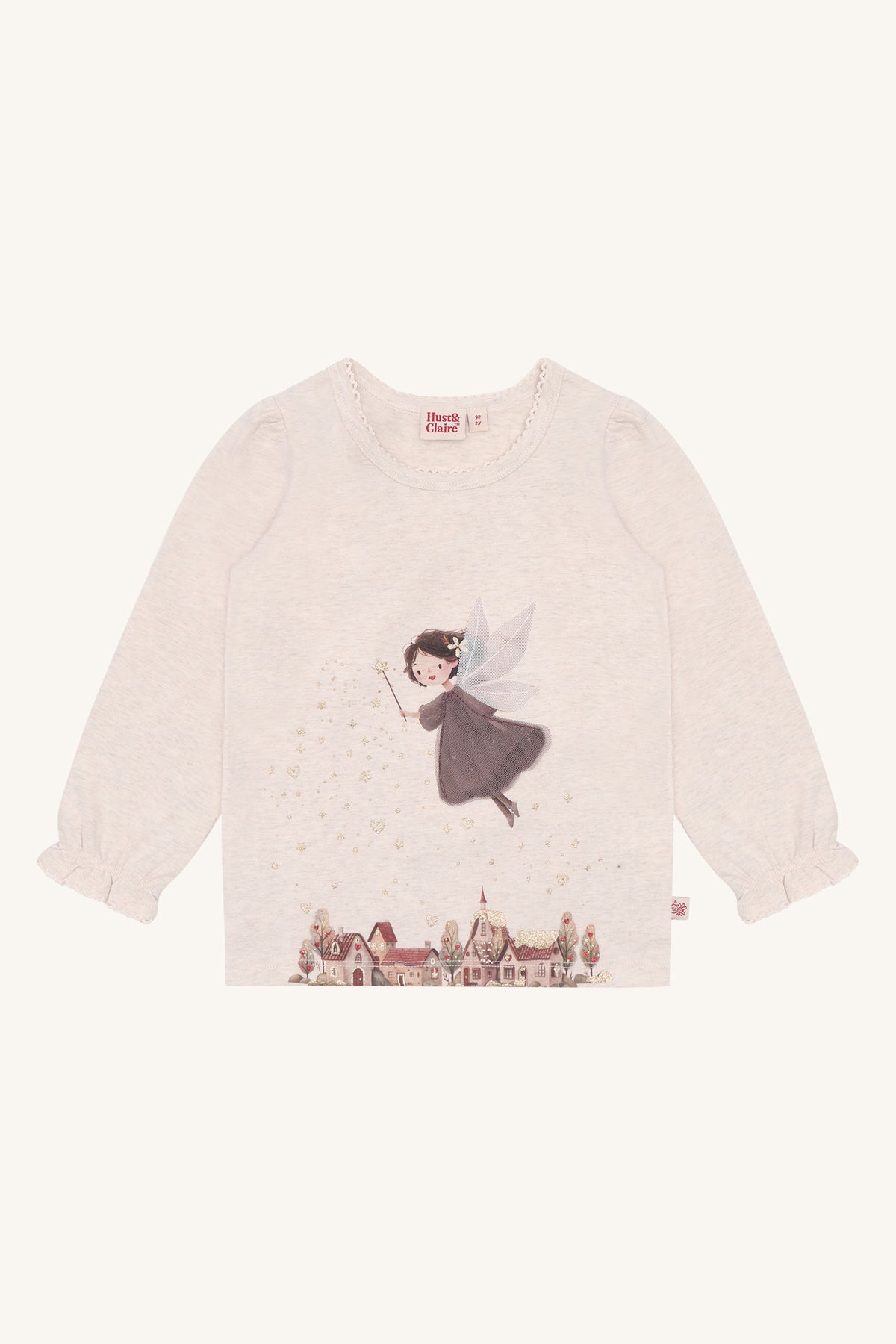 Hust & Claire Alma Langarmshirt in Wheat Melange mit Fee und Winterdorf-Print, Vorderansicht