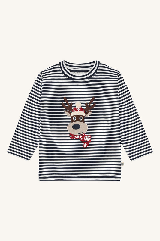 Hust & Claire Anton Langarmshirt mit Rentier-Applikation auf dunkelblau-weissen Ringeln, Vorderansicht