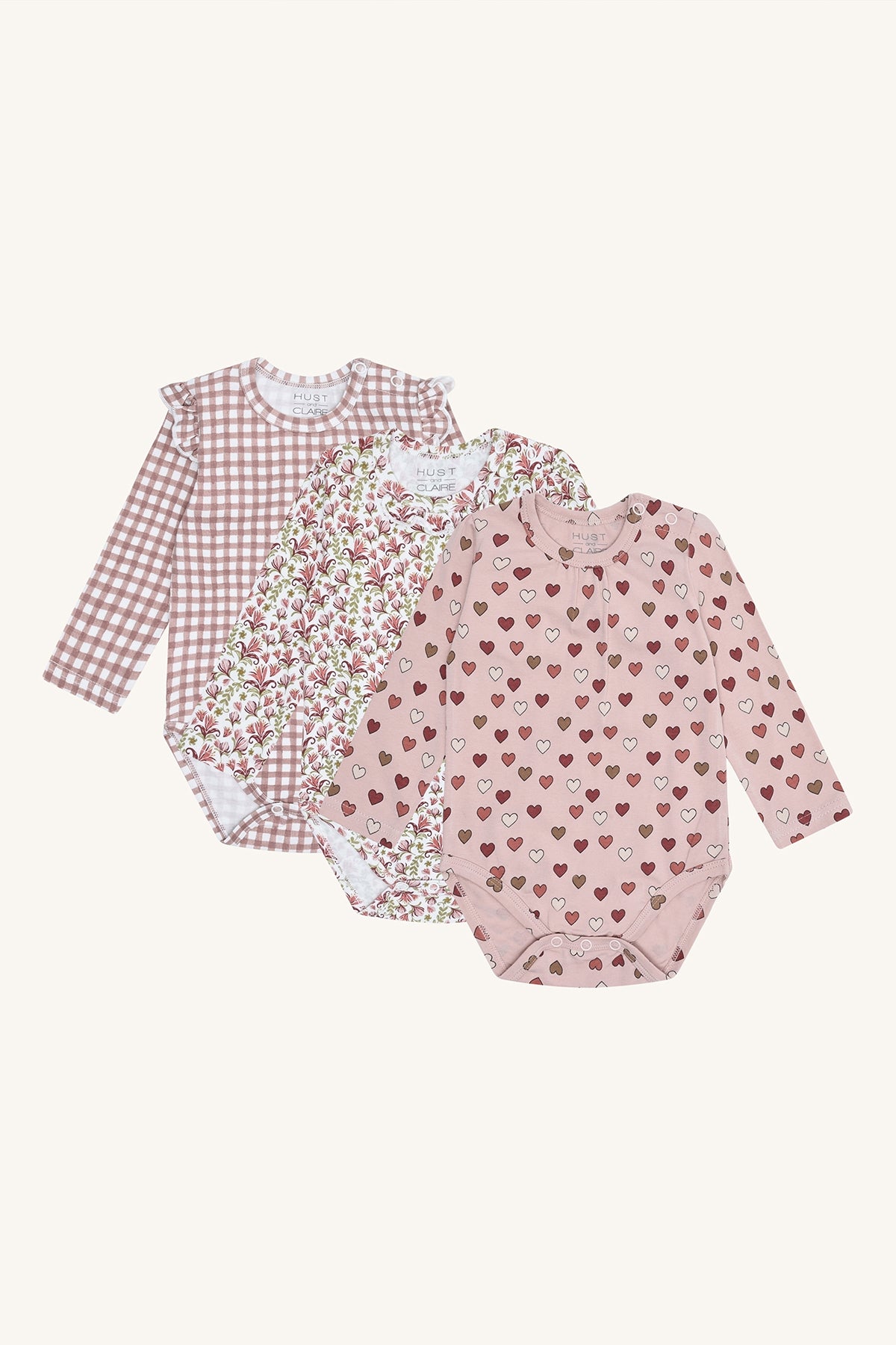 Hust & Claire Bella Babybody 3er Set in Adobe Rose mit Karo, Blumen und Herzen, erhältlich im Bärechind Winterthur Schweiz.