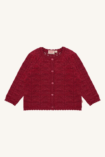 Hust & Claire Cilja Ajour-Strickjacke in Teaberry mit Glitzerfaden, Knopfleiste und Wellenkanten