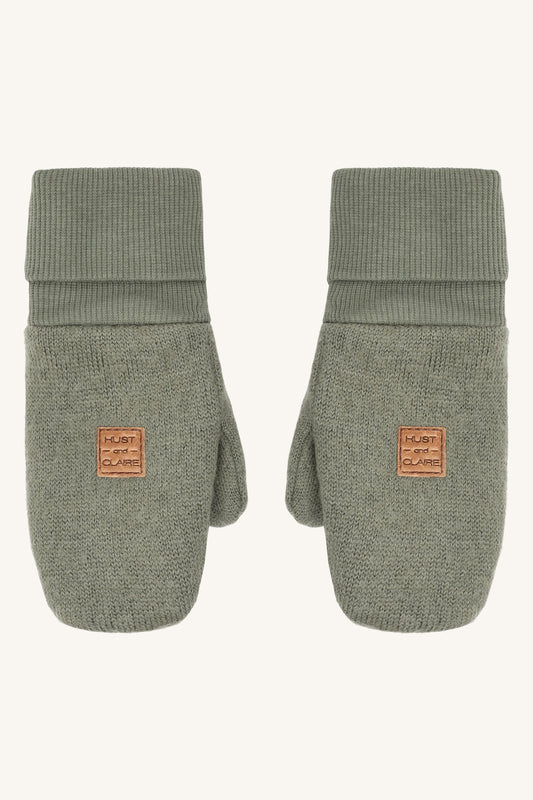 Hust & Claire Felix Wollwalk Fäustlinge in Turtle, grüne Kinderhandschuhe mit breiten Rippbündchen, Bärechind Winterthur Schweiz.