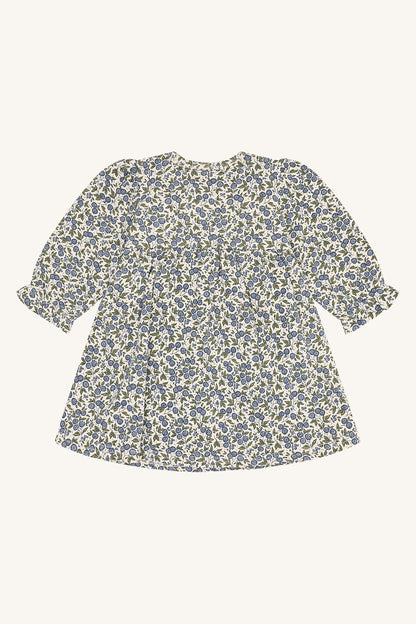 Rückansicht des Hust & Claire Kis Flora Langarmkleids mit ausgestelltem Schnitt und floralem Muster.
