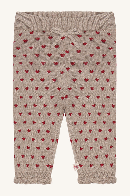Hust & Claire Lisa Strickleggings in Biscuit mit roten Herzen, Schleife am Bund und Rüschensaum, Vorderansicht