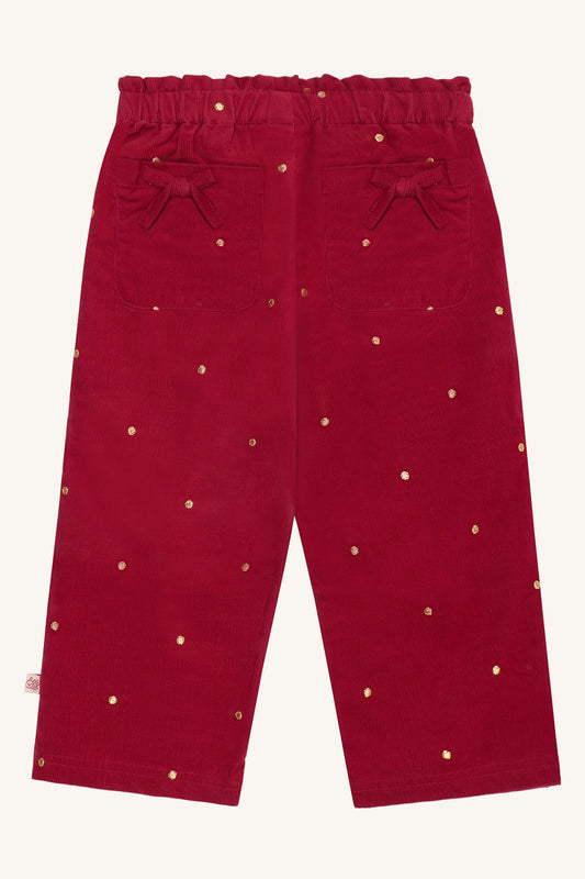 Hust & Claire Thilde Cordhose in Teaberry mit Goldpunkten und Gesässtaschen mit Schleifen, Rückansicht