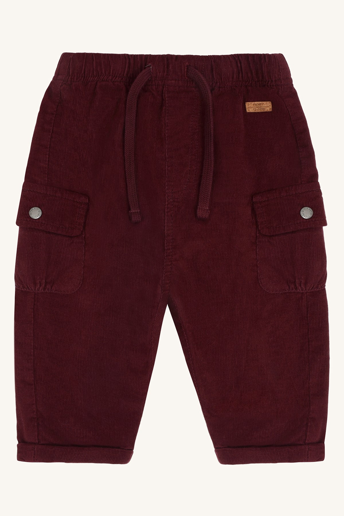Hust & Claire Tue Cordhose in Red Chocolate, dunkelrote Babyhose aus Cord mit elastischem Bund und Cargo-Taschen, Bärechind Winterthur.