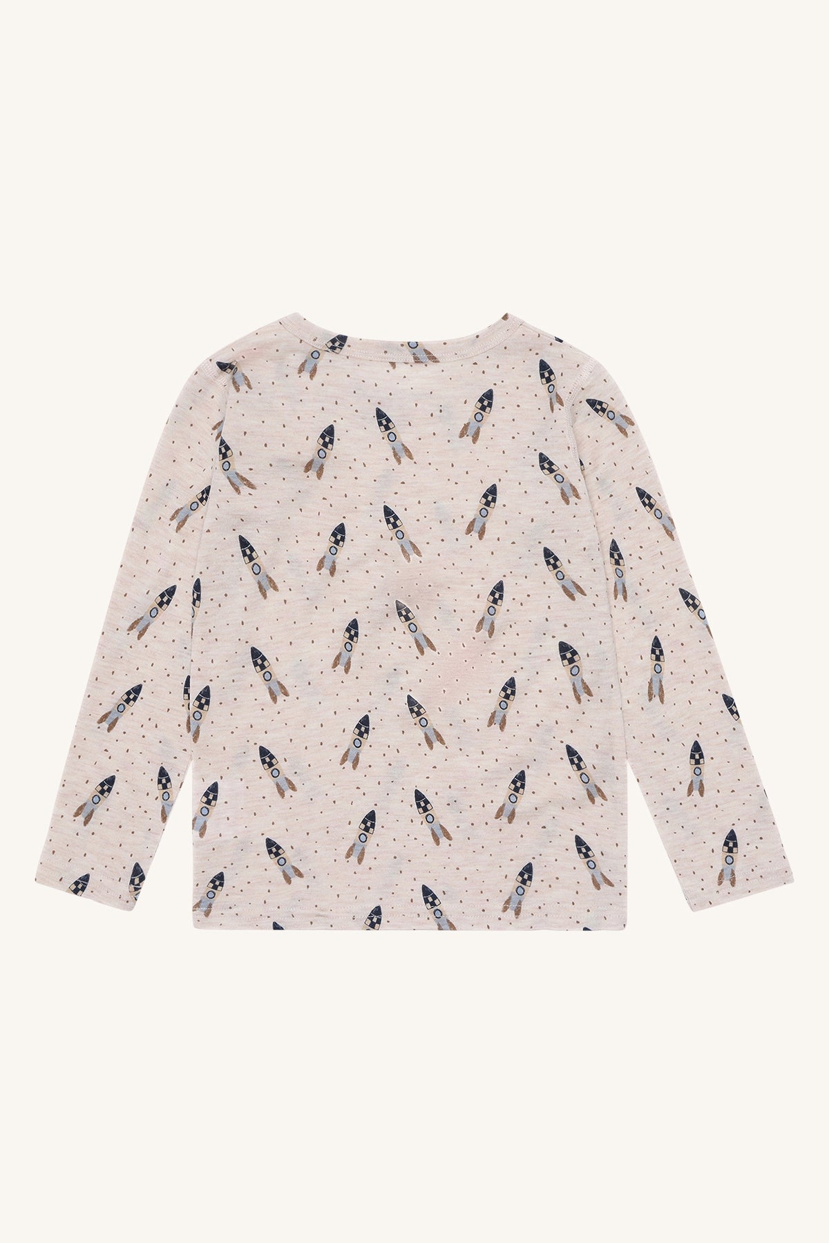 Rückansicht des Hust&Claire Wollshirts Acel mit Raketenmuster aus Wolle & TENCEL™, erhältlich bei Bärechind Winterthur, Zürich, Schweiz.