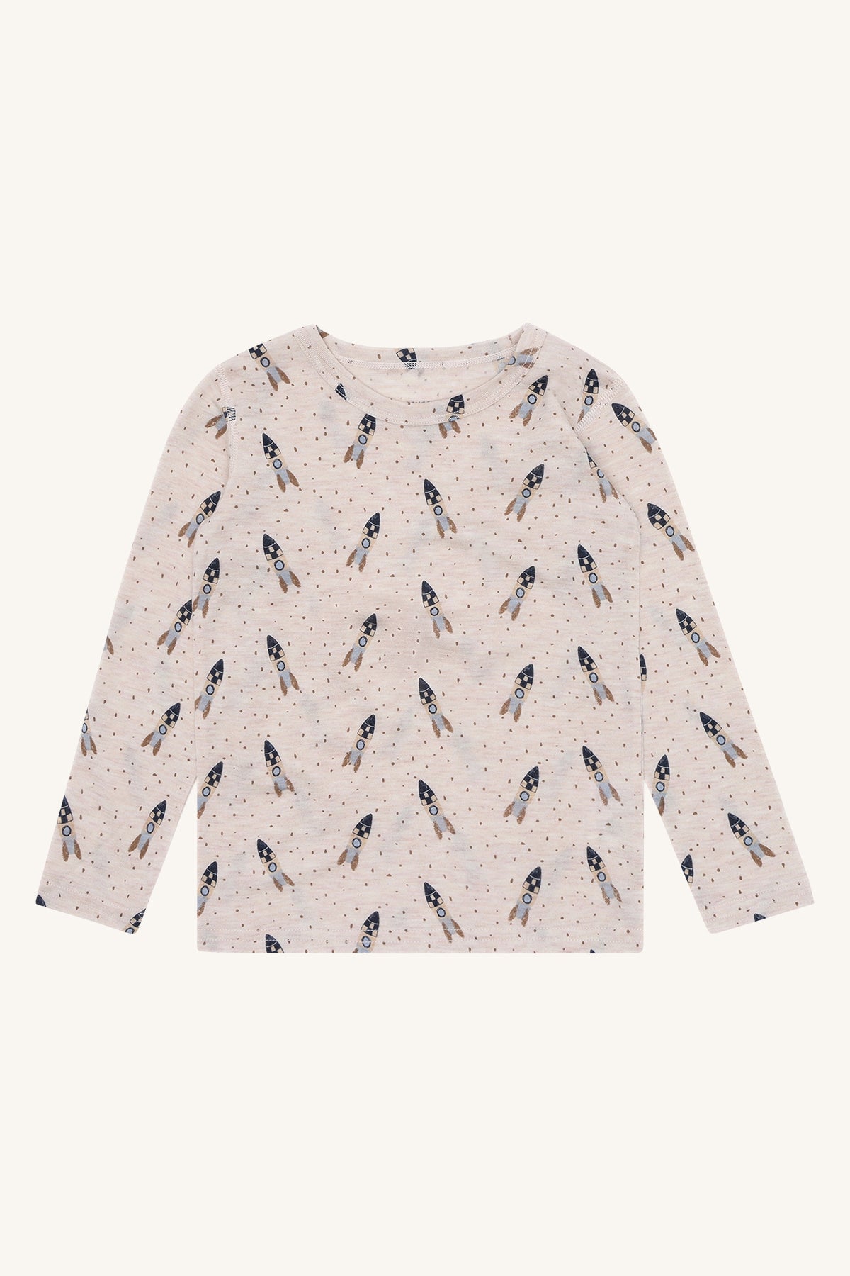 Hust&Claire Wollshirt Acel mit Raketenmuster aus Wolle & TENCEL™, Vorderansicht bei Bärechind in Winterthur, Zürich, Schweiz.