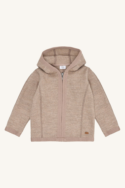 Hust&Claire Ebba Wollwalk Jacke Biscuit mit Kapuze, Vorderansicht bei Bärechind kaufen in Winterthur, Zürich, Schweiz.