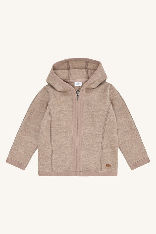 Hust&Claire Ebba Wollwalk Jacke Biscuit mit Kapuze, Vorderansicht bei Bärechind kaufen in Winterthur, Zürich, Schweiz.