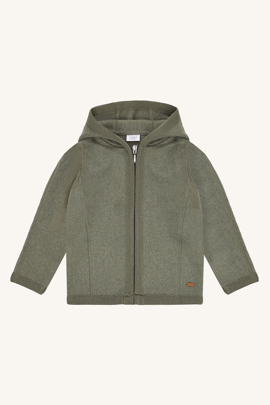 Hust&Claire Ebba Wollwalk Jacke mit Kapuze in Grün, Vorderansicht bei Bärechind kaufen in Winterthur, Zürich, Schweiz.