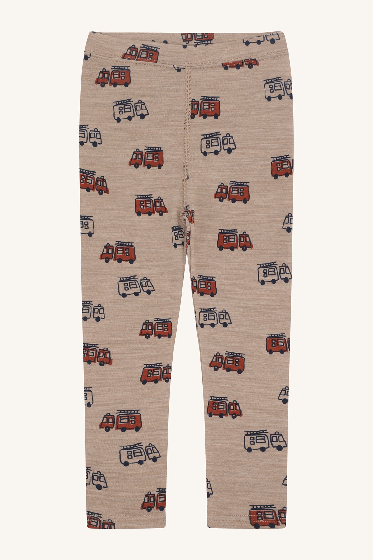 Hust&Claire Woll-Bambus-Leggings in Beige mit Feuerwehrauto-Muster – erhältlich bei Bärechind in Winterthur, Zürich, Schweiz.