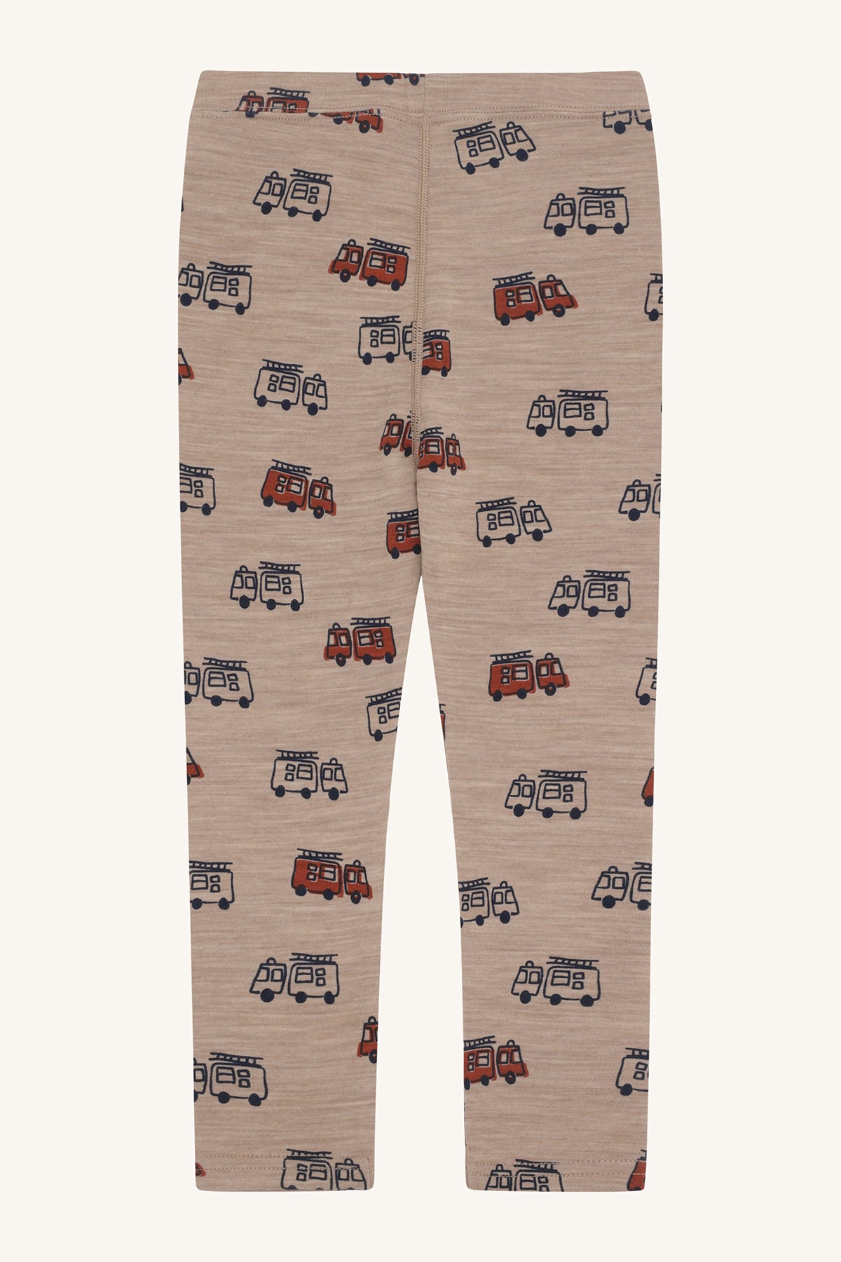 Rückansicht der Hust&Claire Woll-Bambus-Leggings in Beige mit Feuerwehrauto-Muster – Bärechind in Winterthur, Zürich, Schweiz.