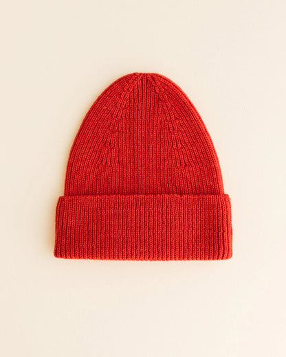 Rote Hvid Fonzie Beanie für Erwachsene aus 100% Merinowolle mit breitem Umschlag