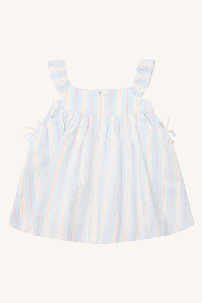 Rückenansicht des Kinderkleids Karoline mit Streifenmuster und Schleifen-Trägern – erhältlich bei Bärechind in Winterthur, Zürich, Schweiz.
