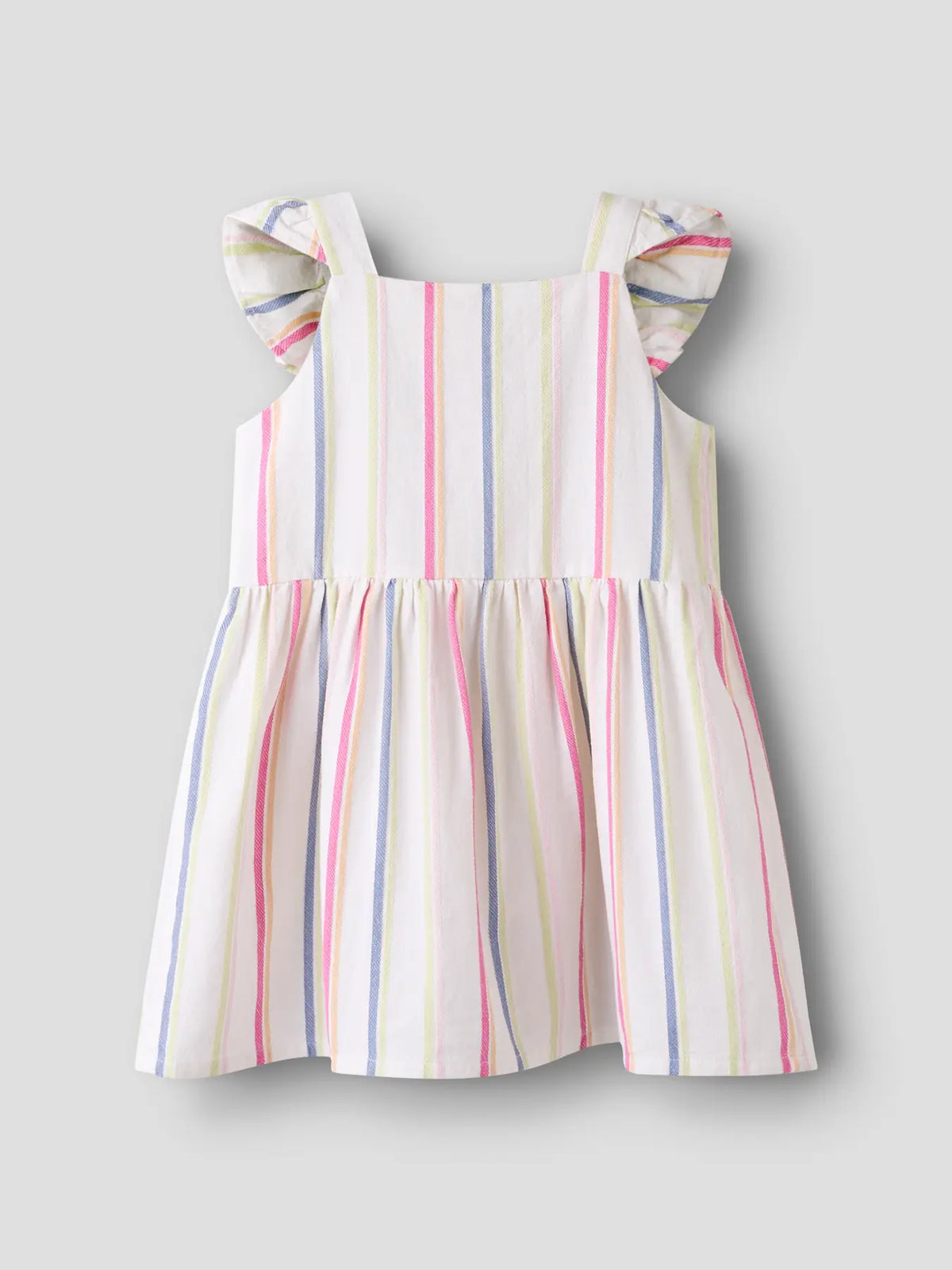 Bunt gestreiftes Kinderkleid aus Chambray Baumwolle mit Flügelärmeln, erhältlich bei Bärechind Winterthur Zürich Schweiz.