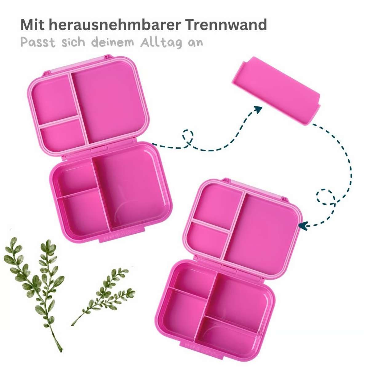 Lekkabox Znünibox Classic Mini in Pink mit Text “herausnehmbare Trennwand“, erhältlich im Bärechind Winterthur, Zürich Schweiz.
