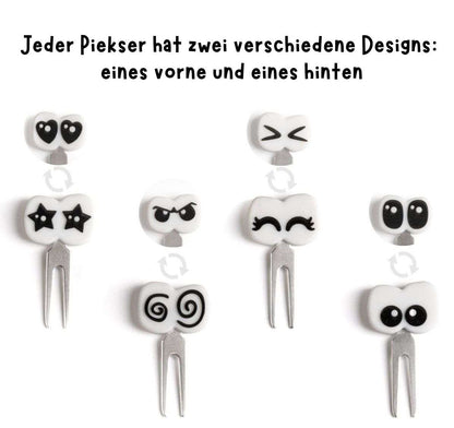 Lekkabox Edelstahl-Piekser mit wendbaren Augenmotiven, 4-teiliges Set, erhältlich im Bärechind in Winterthur, Zürich Schweiz.