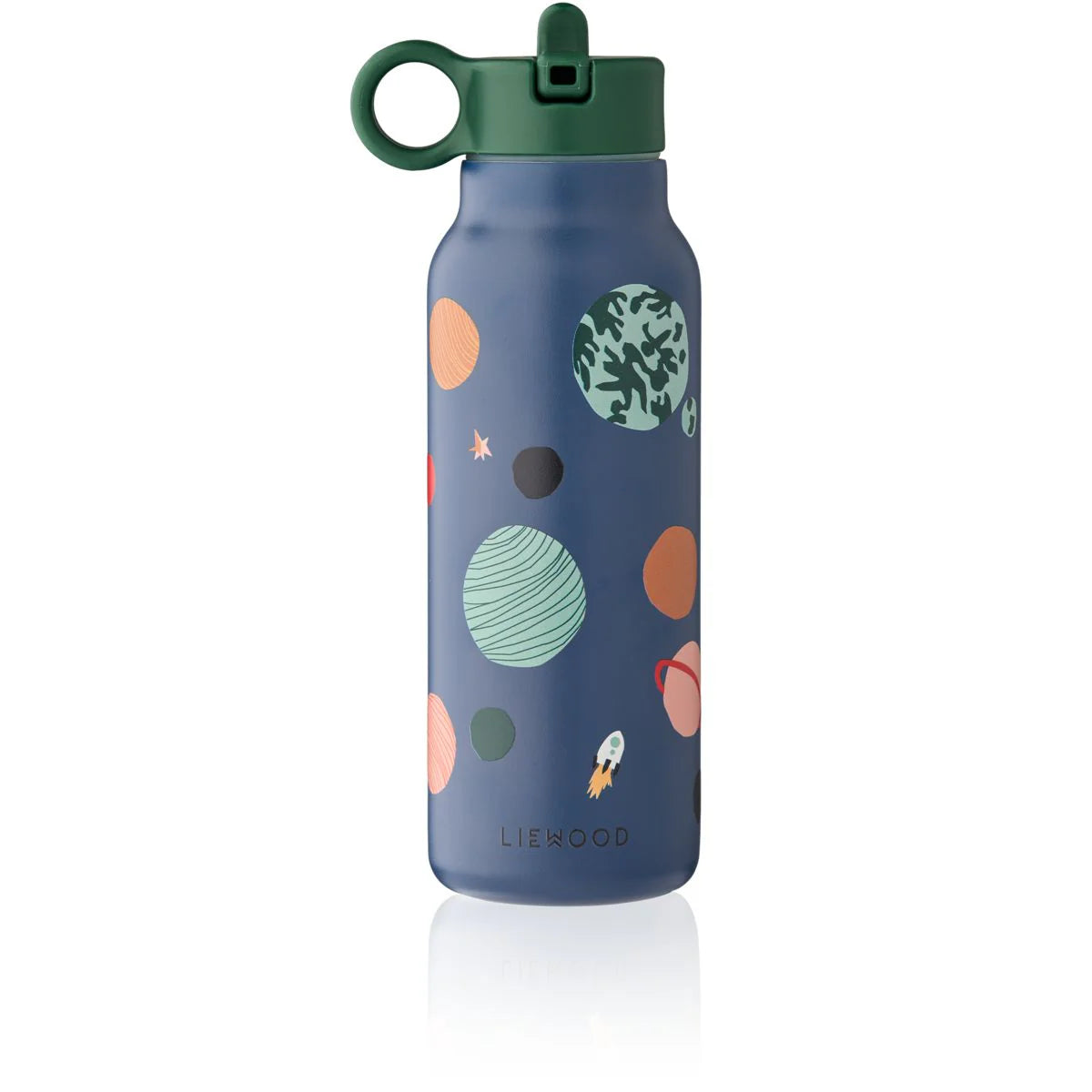 Liewood Falk Kindertrinkflasche 350ml in Universe Design mit Planeten und Sternen auf dunkelblauem Hintergrund